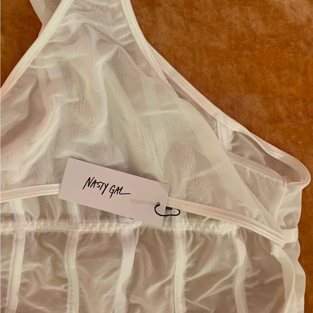 Premium Feather Trim Satin Corset Bodysuit Sz L - Picture 7 of 16